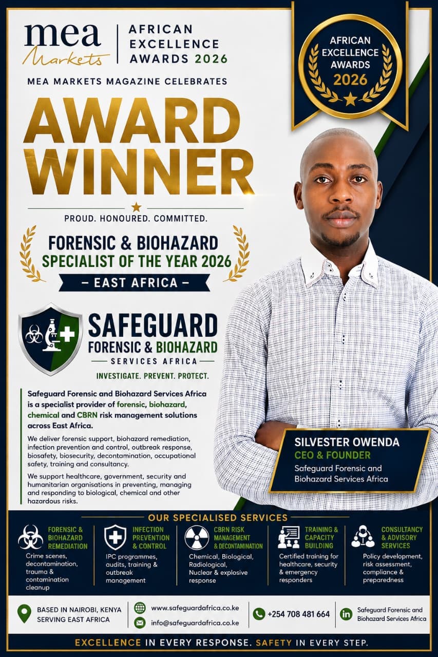 MEA Markets African Excellence Awards 2026 award graphic (light version): Award Winner, Forensic & Biohazard Specialist of the Year 2026, East Africa, with Silvester Owenda, CEO & Founder